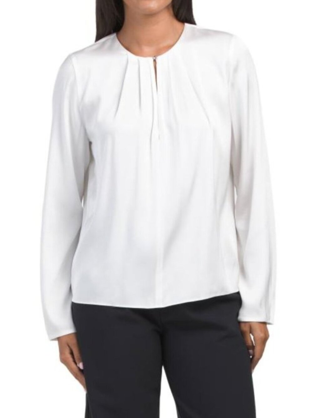 VINCE Silk Blend Pleated Neck Long Sleeve Blouse